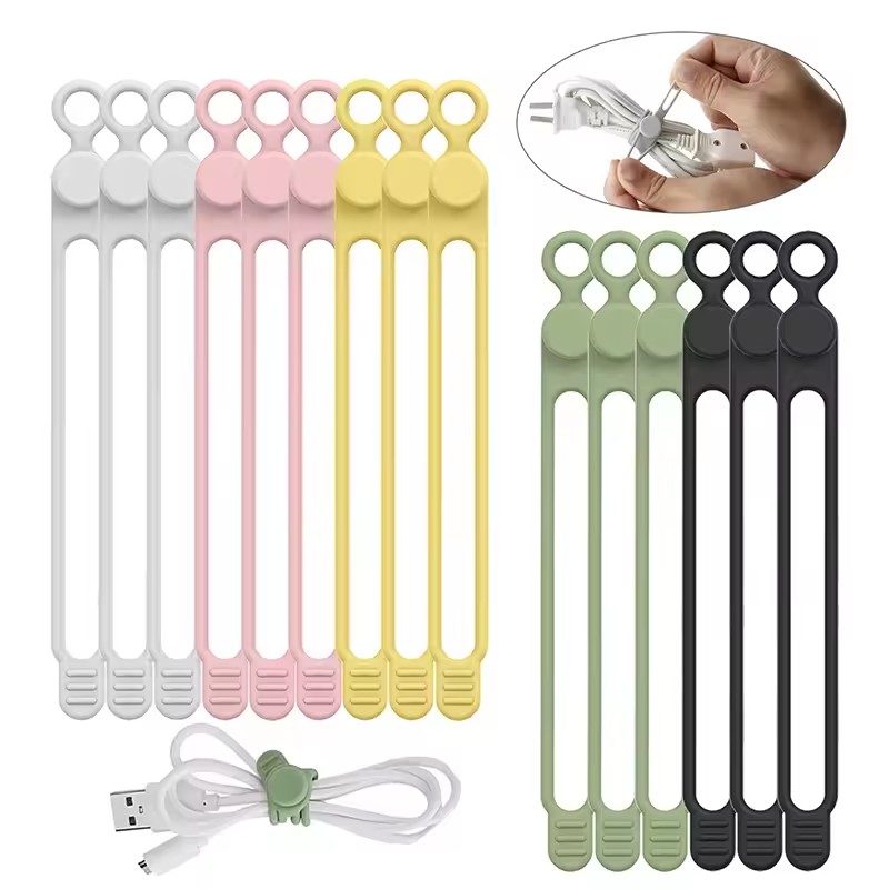 Cable Organizer - シリコン製ケーブルタイ10個、コードオーガナイザー、ケーブルストラップ、再利用可能なコードタイ、旅行用ケーブルオーガナイザー、かわいい弾性タイ、ワイヤータイ