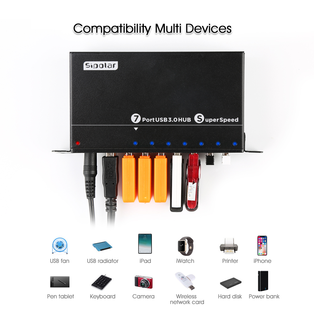 Usb Hub - A-173 工業用7ポートUSB 3.0メタルハブ高速スプリッター、12V 3A DC電源アダプター付き、電話のフラッシュ修理、ワークステーション用