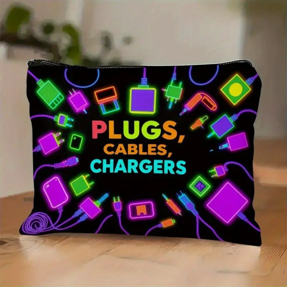 Cable Organizer - 新しいキャンバス製充電器収納ポーチ。プリントデザイン、大容量、ケーブル整理用、ファスナー付き、化粧品収納、旅行用。