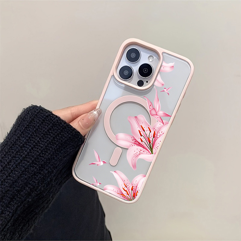 ピンクの花と鳥柄のマグネットケース iPhone 17 16 - Wireless Charger のレビューと価格