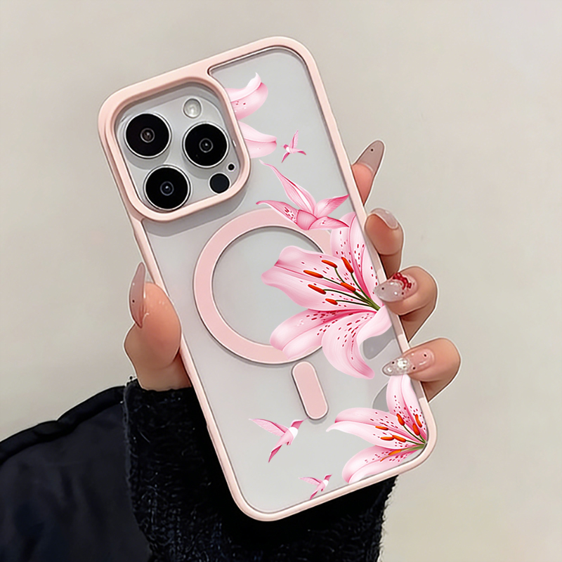 ピンクの花と鳥柄のマグネットケース iPhone 17 16 - Wireless Charger のレビューと価格